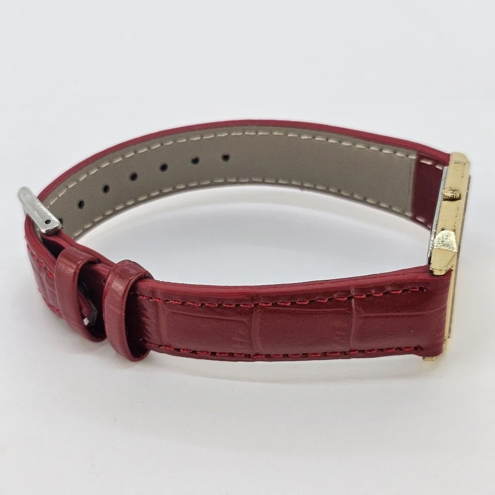 VTG Seiko Tank Women Watch 26MM Gold Dial NEW Red Leather Bands NEW Battery